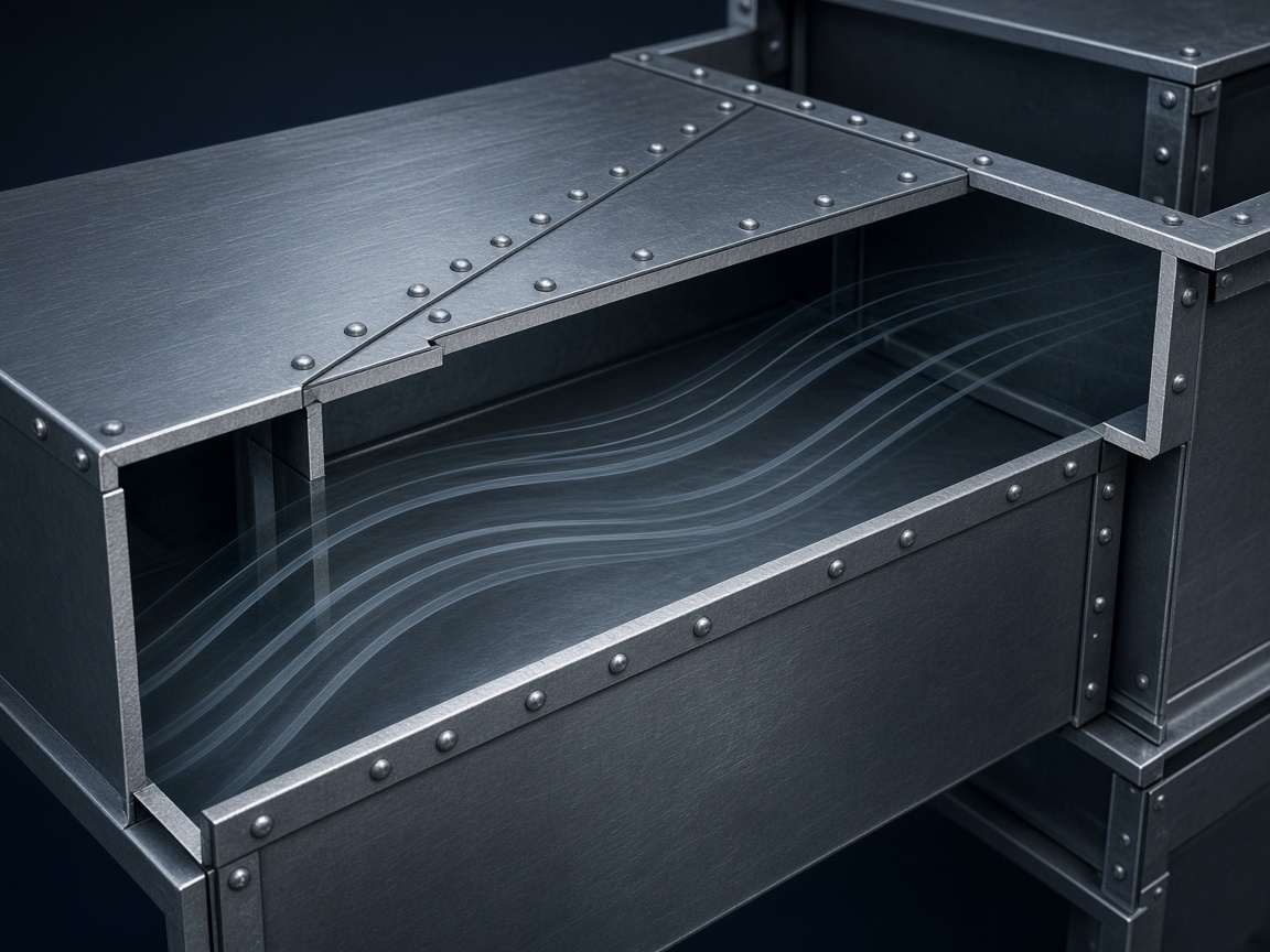 Cutaway steel duct with stylized airflow ribbons